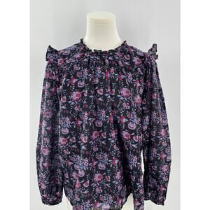 Xirena Black Floral Ruffle Top Silk Cotton Long Sleeve Blouse Cottagecore Small